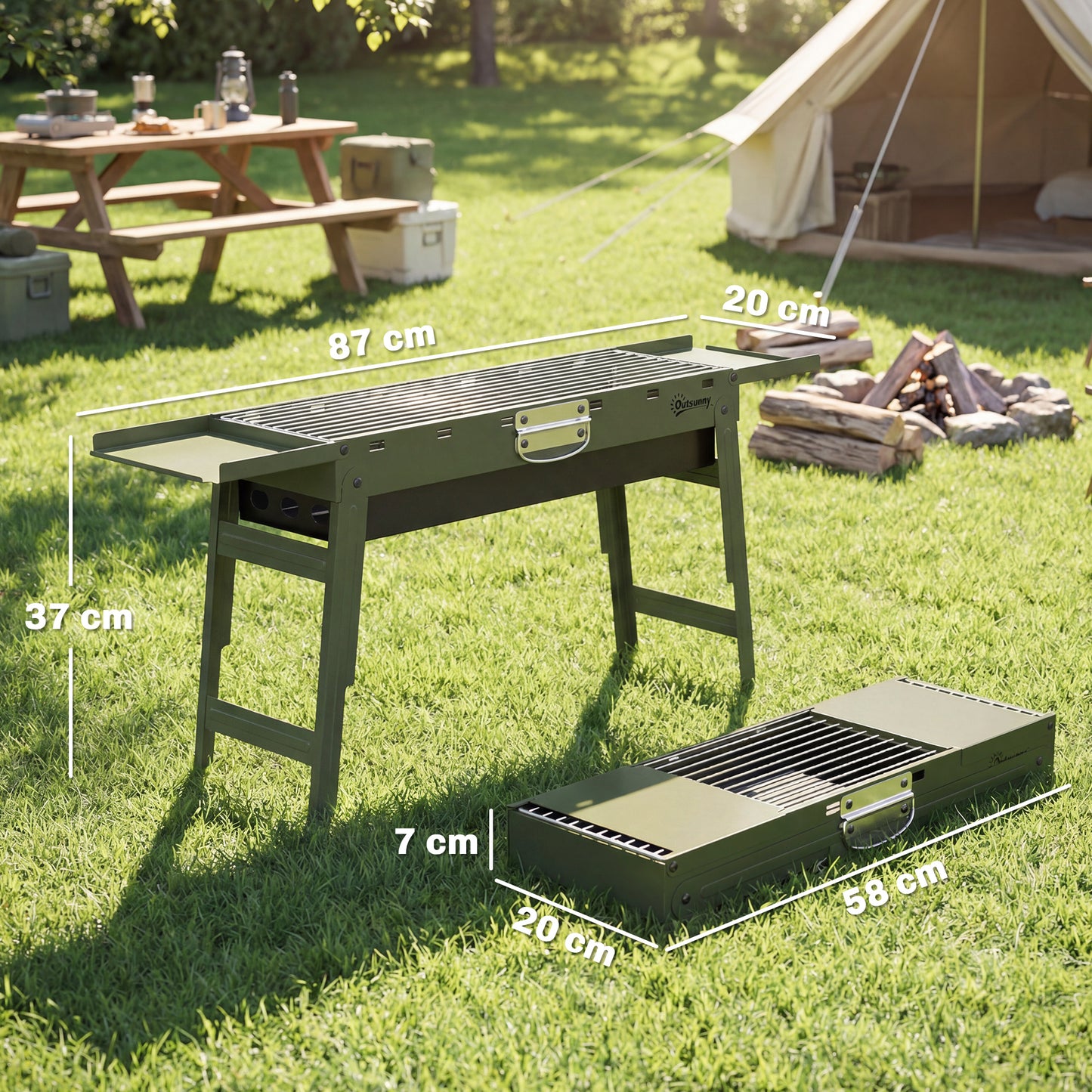 Outsunny Portable BBQ Grill, Foldable Charcoal Grill for Camping and Picnics with 2 Side Shelves and Handle