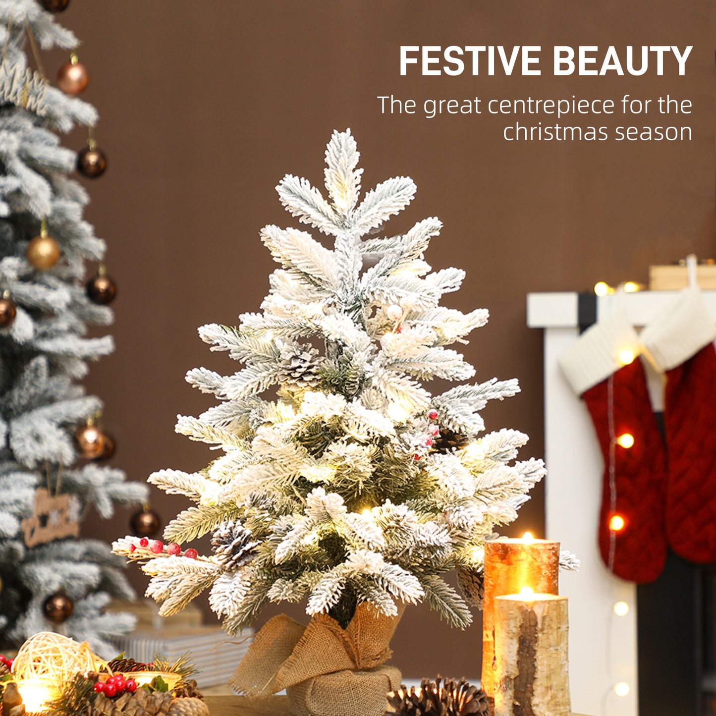 60 cm Prelit Small Christmas Tree with 35 LED Lights, Snow Flocked Tabletop Mini Xmas Tree with Pine Cones, Berry Clusters and Linen Cover Base, Battery Operated, Green