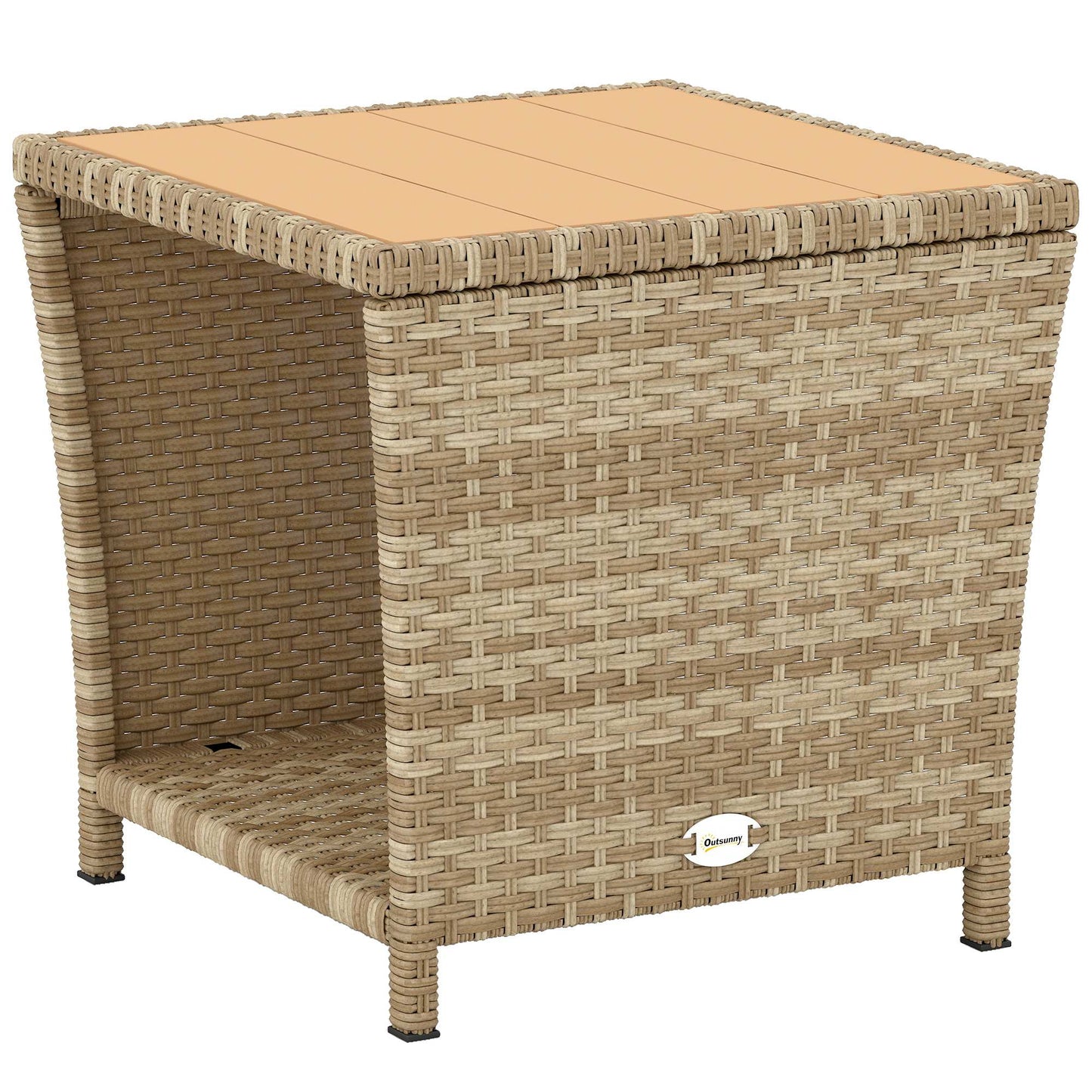 2-Tier Outdoor Rattan Side Table | PS Wood-Plastic Slat Top | PE Wicker | Powder-Coated Frame | UV-Resistant | 50kg | 45x45x43cm | Khaki