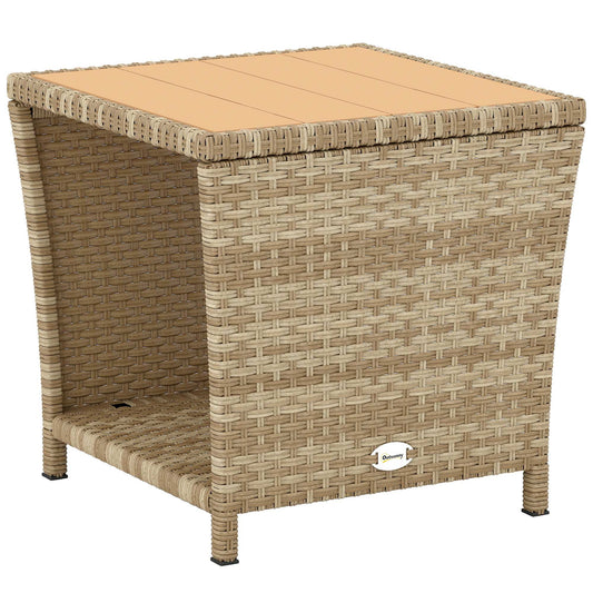 2-Tier Outdoor Rattan Side Table | PS Wood-Plastic Slat Top | PE Wicker | Powder-Coated Frame | UV-Resistant | 50kg | 45x45x43cm | Khaki