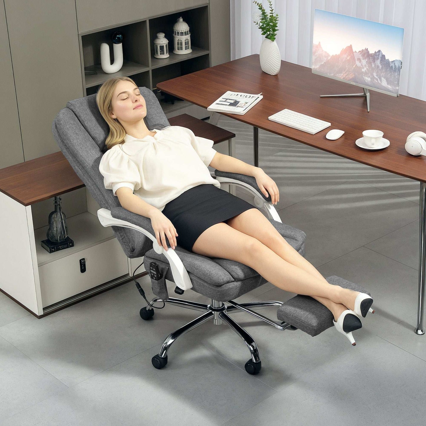 Executive Office Chair with 8-point Massage and Heat, Fabric Computer Desk Chair with Reclining Backrest, Height , Footrest, Remote, for Home, Grey