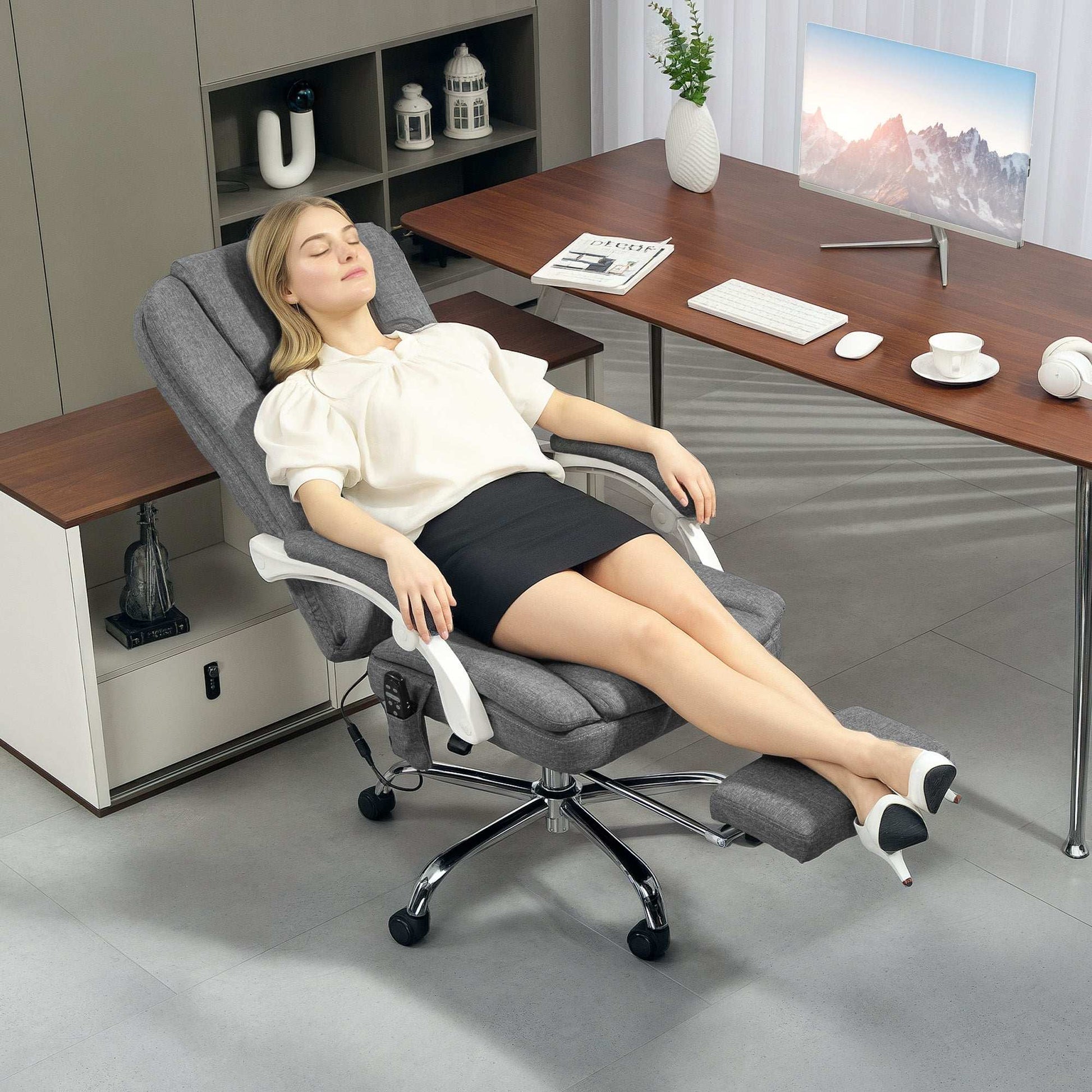 Executive Office Chair with 8-point Massage and Heat, Fabric Computer Desk Chair with Reclining Backrest, Height , Footrest, Remote, for Home, Grey