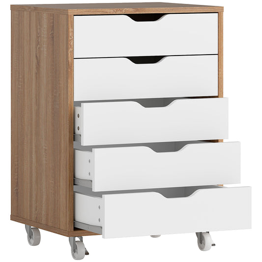 5 Drawer Mobile Filing Cabinet on Wheels | Brakes | 47.5x39.5x67.5cm | Groove Handles | Flat Top | Anti-Tip Strap | 25kg | Oak Brown