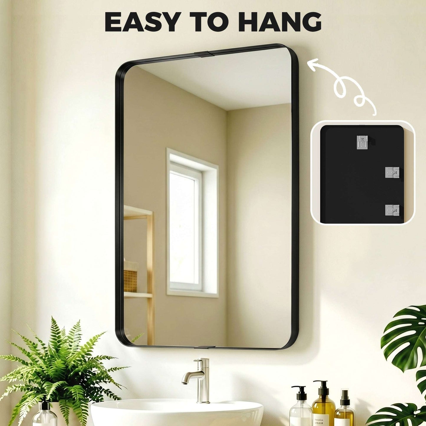 Rectangular Wall Mirror | Shatterproof Tempered Glass | Anodised Aluminium Alloy Frame | 4cm Deep 3D Effect | Soft Rounded Corners | No Assembly | 60x4x90cm | Black