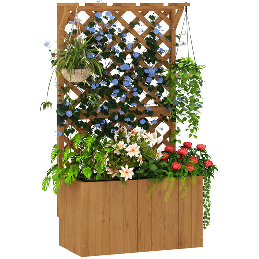 Wooden Planter with Trellis, Freestanding Raised Garden Bed with Drainage Holes, Outdoor Planter Box with Liner for Vegetables, Herbs and Flowers