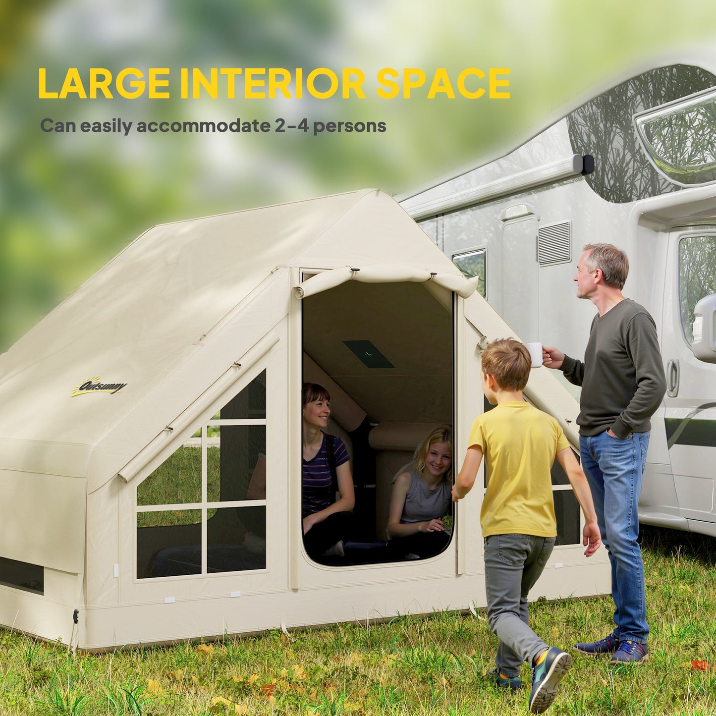 Outsunny Inflatable Camping Tent with Pump, Easy Setup 2-4 Person Blow Up Tent, Waterproof Luxury Inflatable Tent with Mesh Windows, Doors, Hook and Carry Bag, Beige