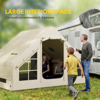 Outsunny Inflatable Camping Tent with Pump, Easy Setup 2-4 Person Blow Up Tent, Waterproof Luxury Inflatable Tent with Mesh Windows, Doors, Hook and Carry Bag, Beige