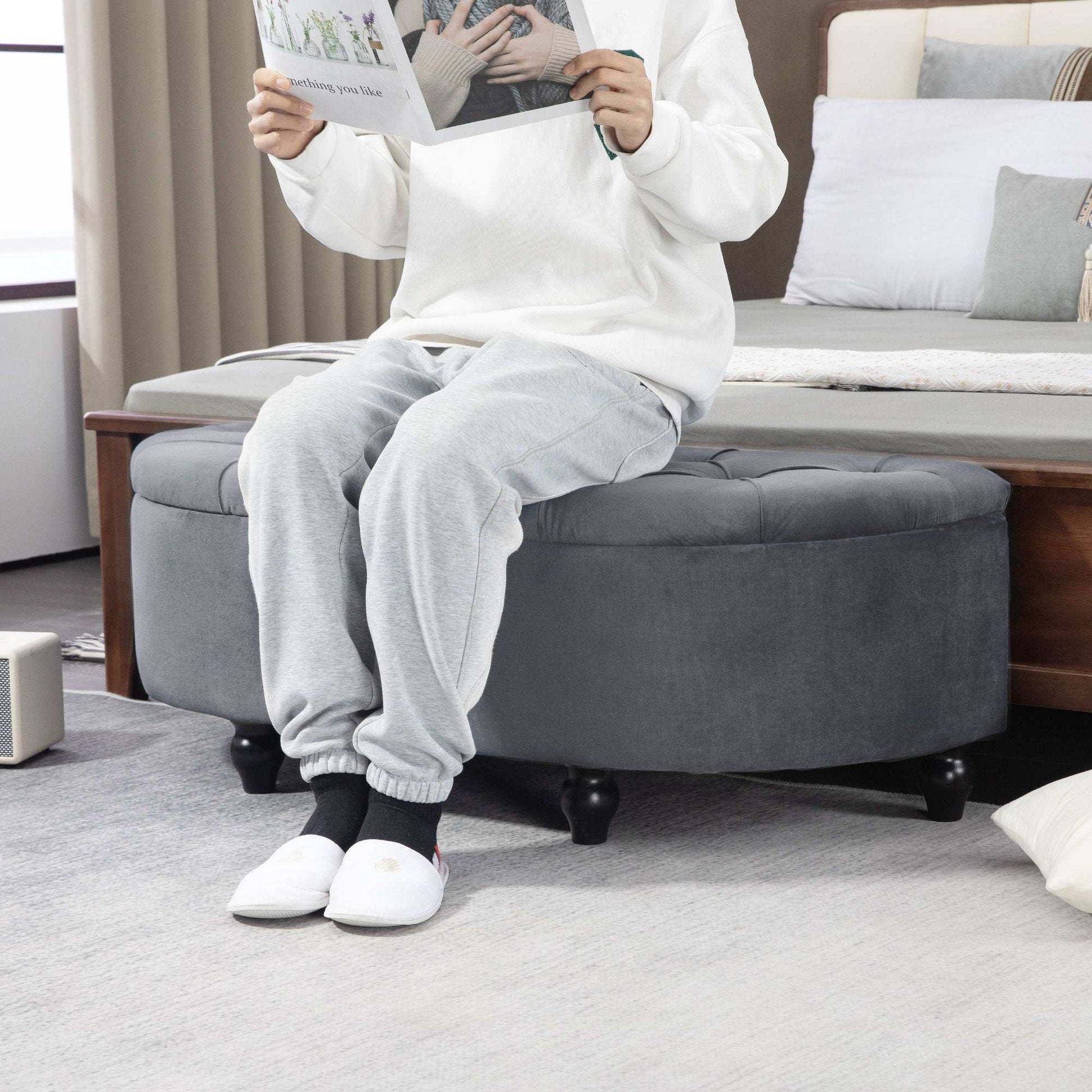 Semi-Circle Bed End Bench Ottoman W/ Storage Tufted Upholstered Accent Seat Footrest Stool with Rubberwood Legs for Bedroom & Entryway