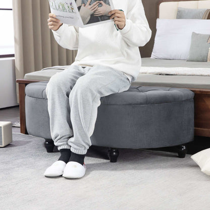 Semi-Circle Bed End Bench Ottoman W/ Storage Tufted Upholstered Accent Seat Footrest Stool with Rubberwood Legs for Bedroom & Entryway