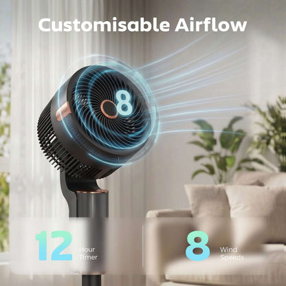 Pedestal Standing Fan | 20dB Sleep Mode | 8 Speeds | 9.5m³/min Airflow | 3D Oscillation | Aromatherapy Pad | Blue Mood Light | Detachable Grill | 5m Remote | 12H Timer | 50W | 110cm | Black & Gold