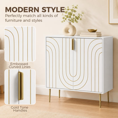 Modern Sideboard Storage Cabinet | Geometric Carved Doors | Adjustable Shelf | Copper-Tone Legs & Handles | Anti-Tip | 50kg | 78x40x88cm | White