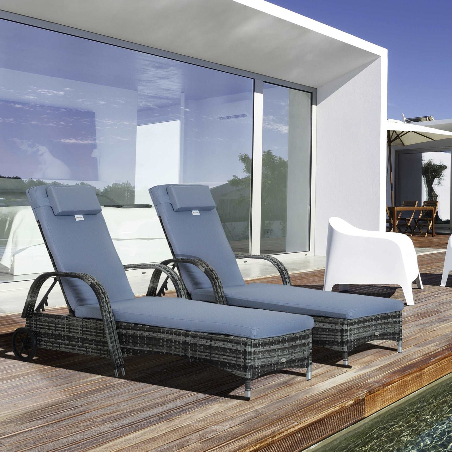 Outsunny 2 Piece Rattan Sun Lounger Recliner Bed Reclining Chair Patio Garden Outdoor Wicker Weave Adjustable Headrest with Fire Retardant Cushion – Grey