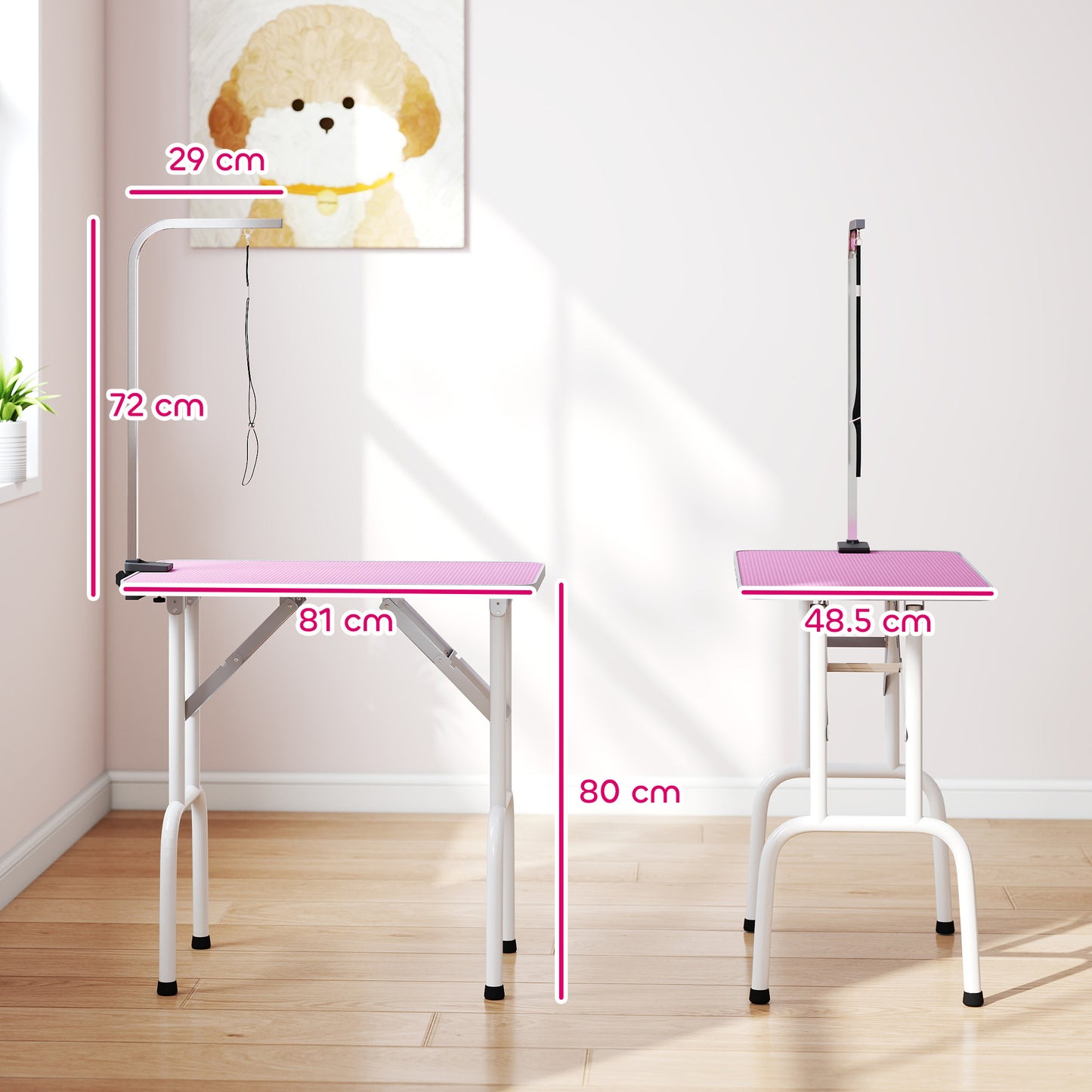 Foldable Dog Grooming Table | Non-Slip Rubber Top | Adjustable Arm 20-60cm | 20kg | Pink