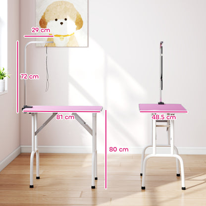 Foldable Dog Grooming Table | Non-Slip Rubber Top | Adjustable Arm 20-60cm | 20kg | Pink