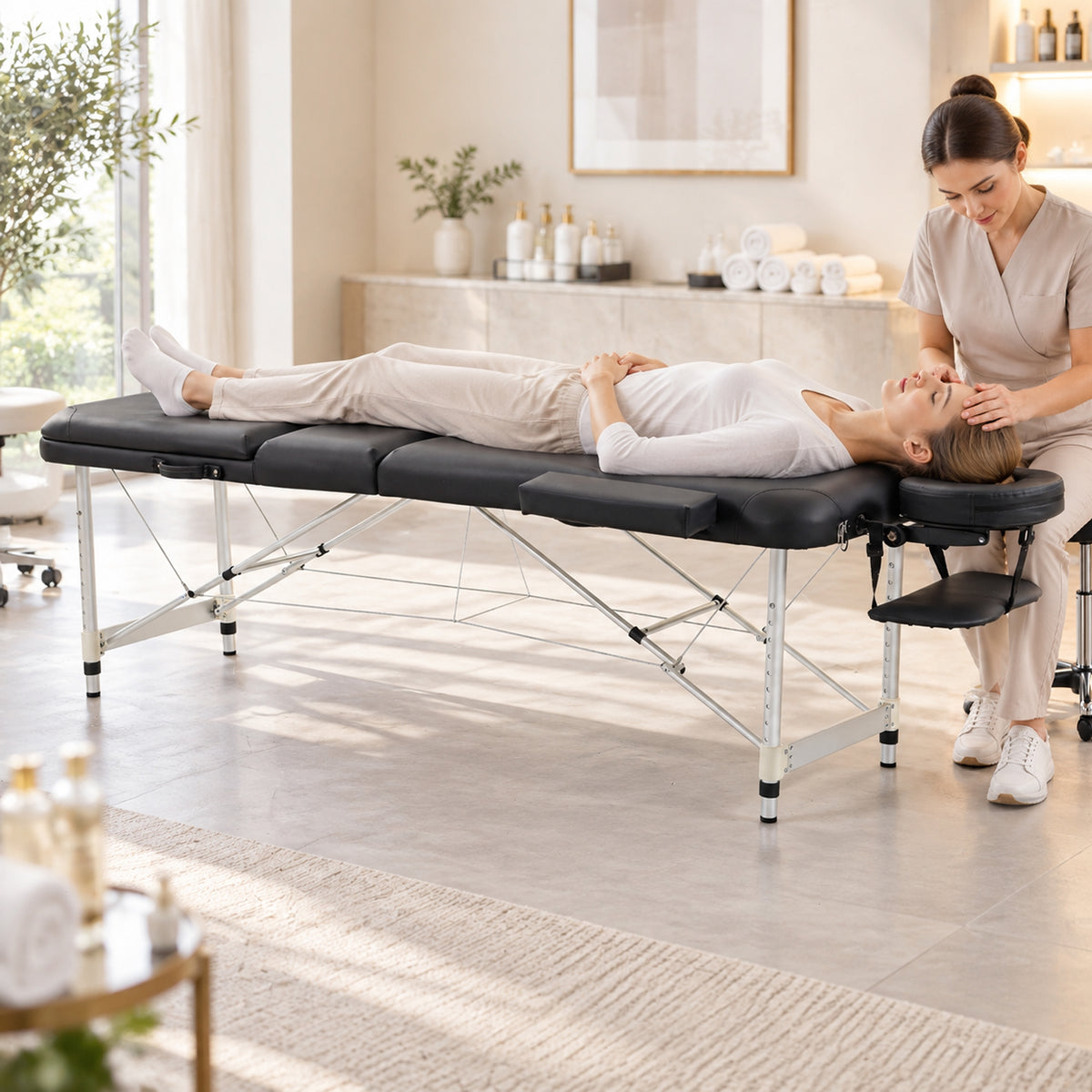 Portable Massage Table | 3-Section Folding Aluminium Beauty Couch | 9 Height Settings, Adjustable Backrest & Headrest | Black
