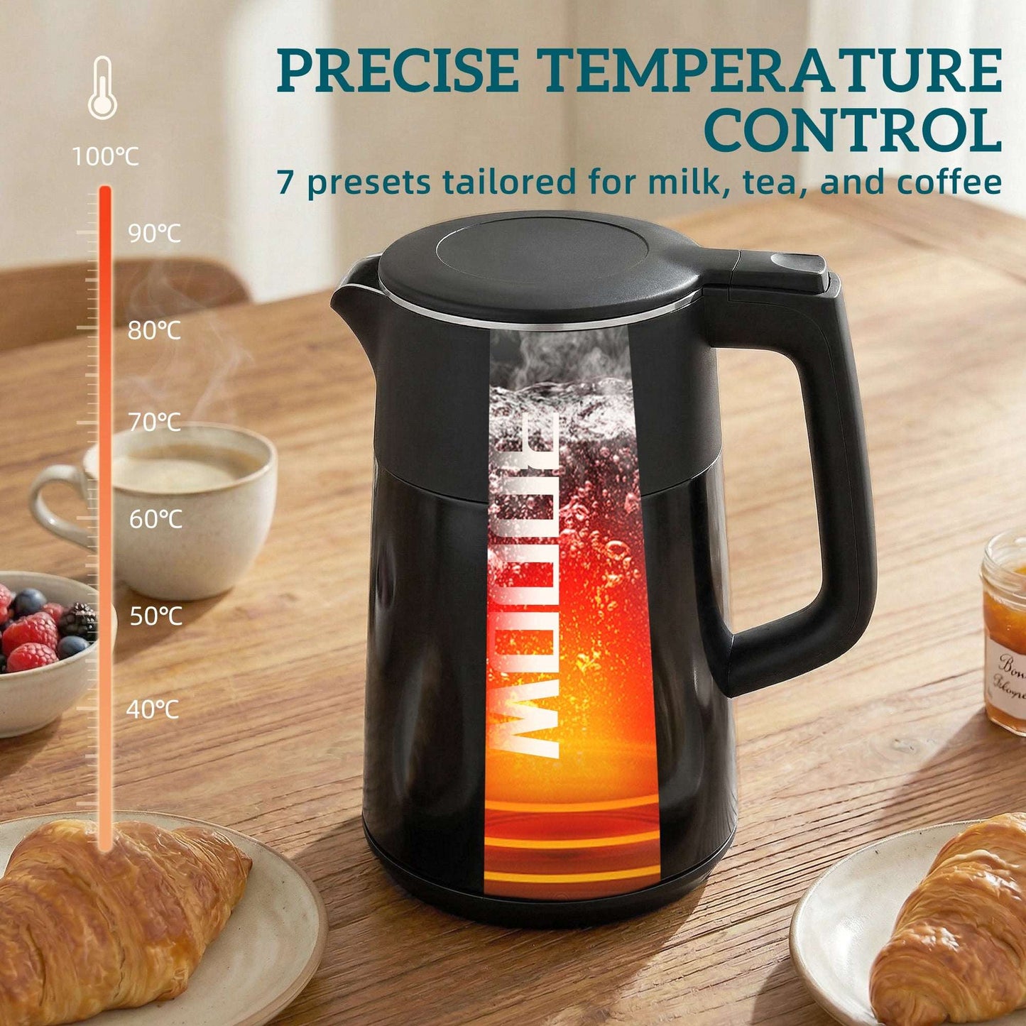 1.7L Electric Kettle | 3000W | 7 Temperature Settings 40-100°C | 2hr Keep-Warm | 304 Stainless Steel PTFE-Free | Boil-Dry Protection | Auto Shut-Off | 360° Swivel Base | Black