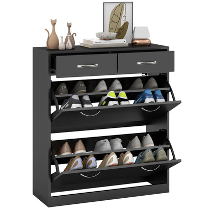 Narrow Shoe Storage with 2 Flip Drawers and Adjustable Shelves Shoe Cabinet Organiser for 12 Pairs of Shoes, Black