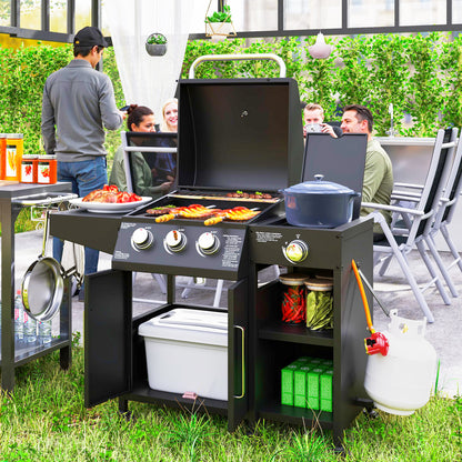 3+1 Burner Gas BBQ Grill with Storage Cabinet and Shelves, 11.6 kW Gas Barbecue Trolley with 6 Castor Wheels, Warming Rack, Thermometer