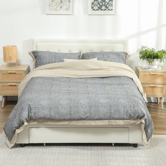 Double Ottoman Bed Frame, with Front Drawer - Cream / Black