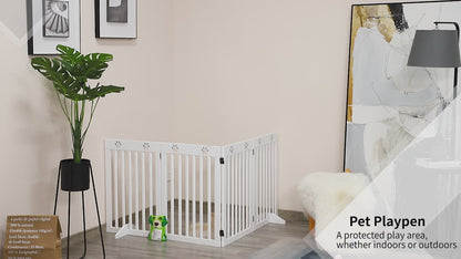 PawHut Pet Gate 4 Panel Wooden Foldable Fence Freestanding Dog Safety Barrier with 2 Support Feet for Doorways Stairs 80'' x 30'' White