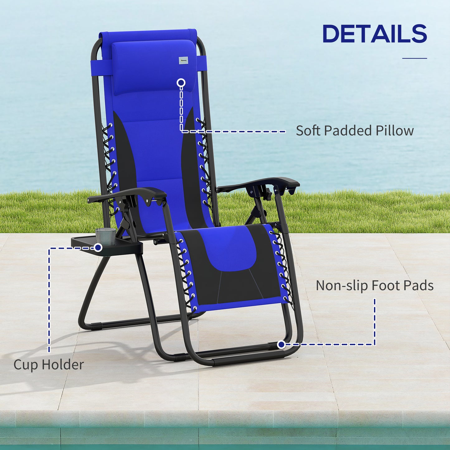 Zero Gravity Lounger Chair, Folding Reclining Patio Chair with Padded Seat, Cup Holder, Soft Cushion and Headrest for Poolside, Camping, Blue