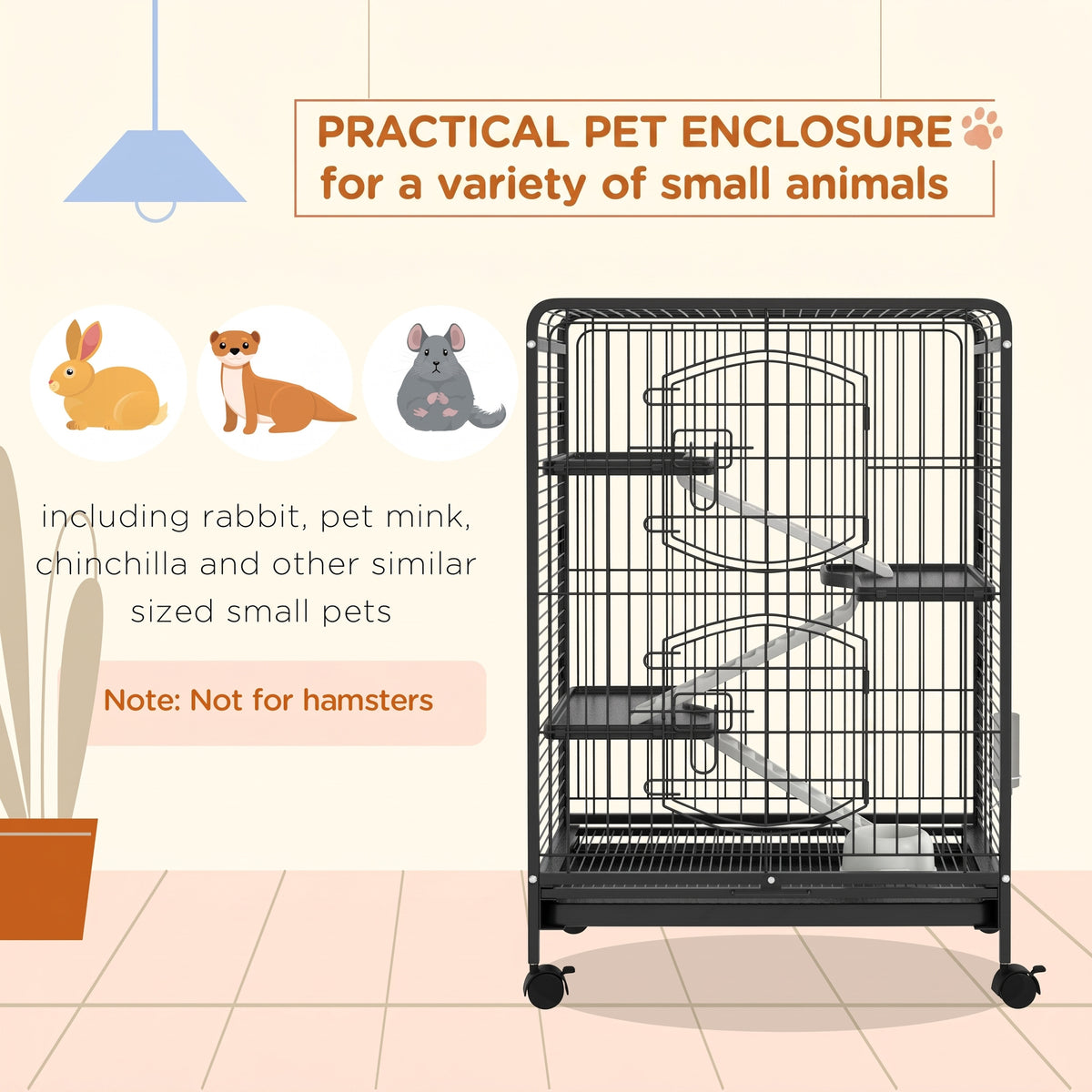 PawHut 4-Level Small Animal Cage | 95cm Tall Black | Metal PP Mesh | 3 Platforms 3 Ramps | Removable Tray | Rolling Lockable Wheels | Food Dish & Water Bottle | Multi-Door Access | 61.5x44x95cm