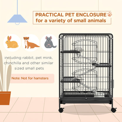 PawHut 4-Level Small Animal Cage | 95cm Tall Black | Metal PP Mesh | 3 Platforms 3 Ramps | Removable Tray | Rolling Lockable Wheels | Food Dish & Water Bottle | Multi-Door Access | 61.5x44x95cm