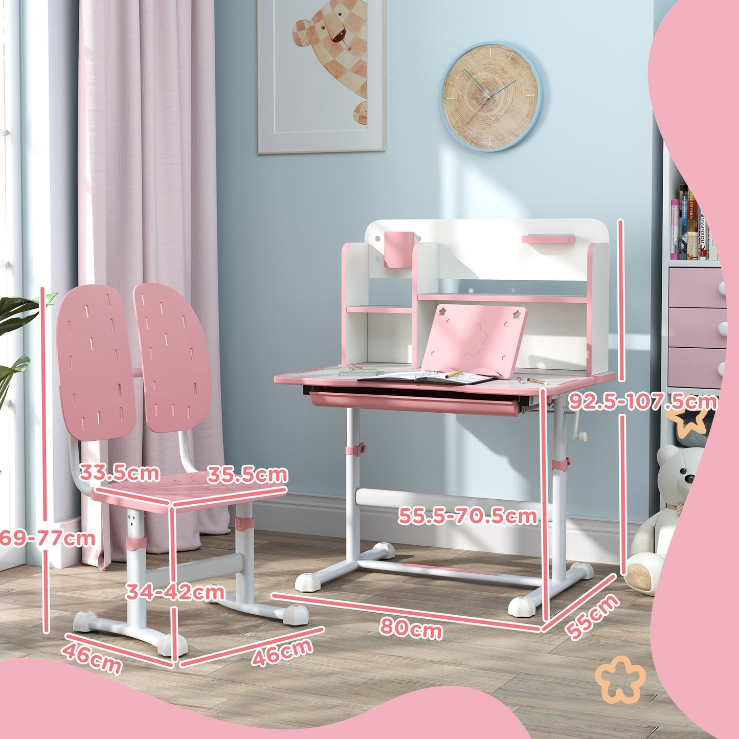 AIYAPLAY Height Adjustable Kids Desk and Chair Set, Children School Study Desk with Tiltable Desktop, Reading Rack