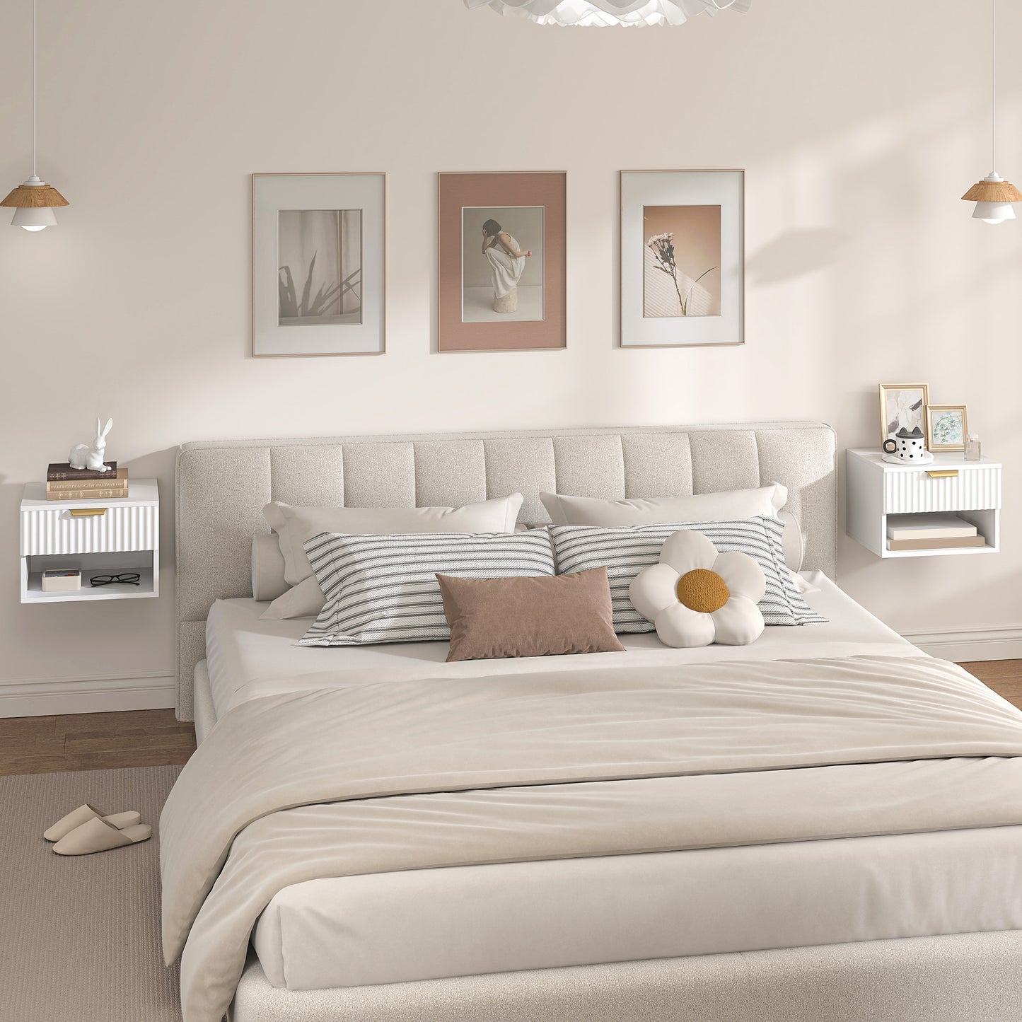 Floating Nightstands Set of 2, Modern Wall Mounted Bedside Tables with Fluted Drawer and Open Shelf for Bedroom, White