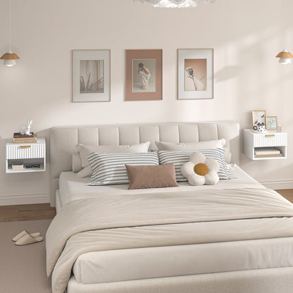 Floating Nightstands Set of 2, Modern Wall Mounted Bedside Tables with Fluted Drawer and Open Shelf for Bedroom, White