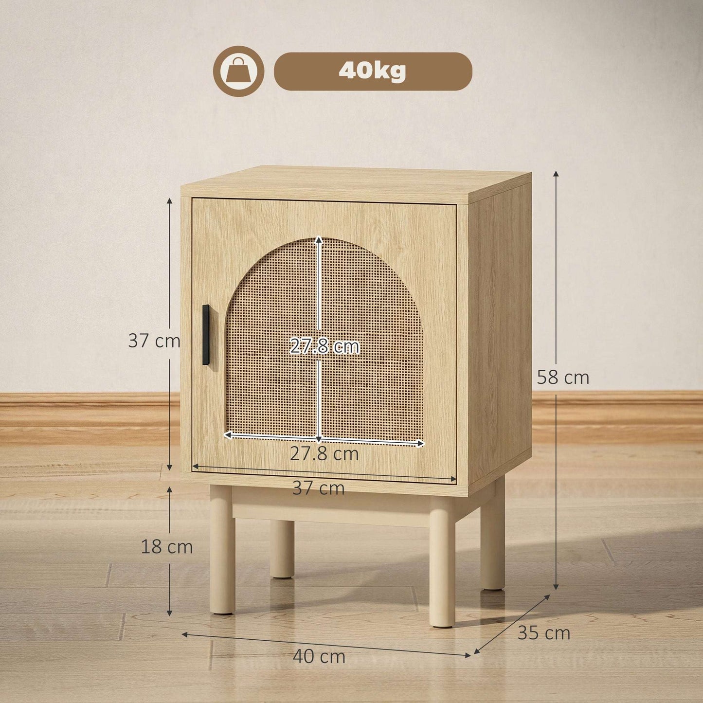 Boho Rattan Bedside Table | Arch Rattan Door | 2-Tier Cabinet | 3-Level Adjustable Shelf | Solid Wood Legs | Non-Slip Pads | 40kg Capacity | 40x35x58cm | Natural Wood