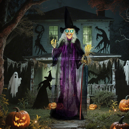 183 cm Life Size Halloween Animated Standing Witch & Broomstick with Glowing LED Eyes, Spooky Witch Scary Halloween Decorations, Battery Operated, Indoor Party Props