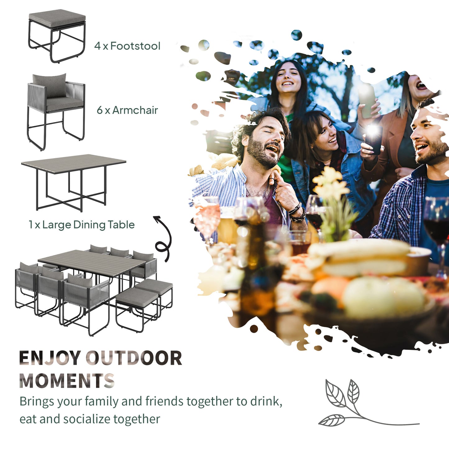 10 Seater Rattan Cube Garden Furniture Set, Rattan Dining Set with Cushions, Outdoor Dining Table and Chairs with 6 Armchairs, 4 Stools - Grey