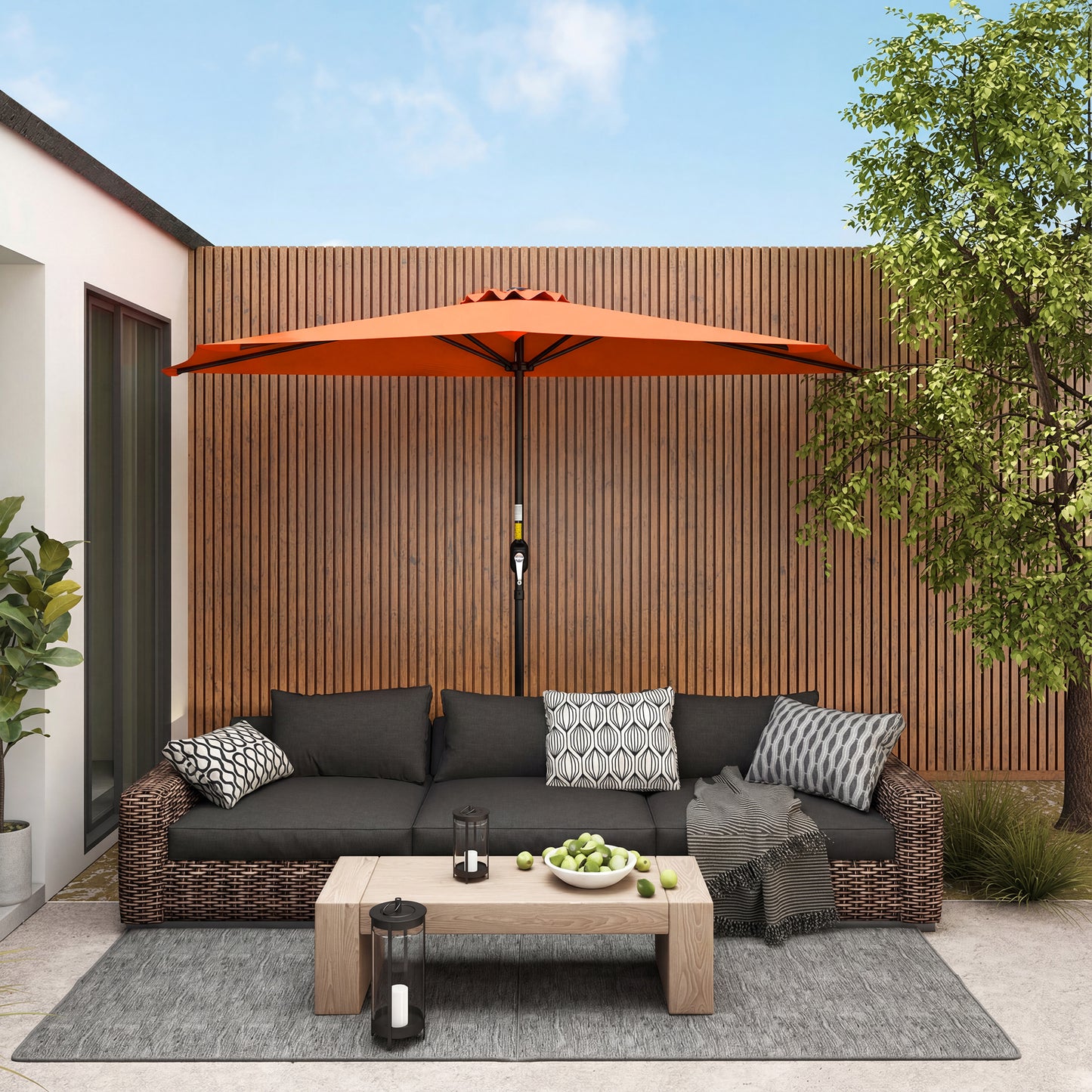 Half Round Wall Parasol Umbrella | UV & Splash Resistant Polyester | Powder-Coated Metal Frame | Crank Handle | Ideal for Balcony Patio & Small Gardens | 269x138x236cm | Orange