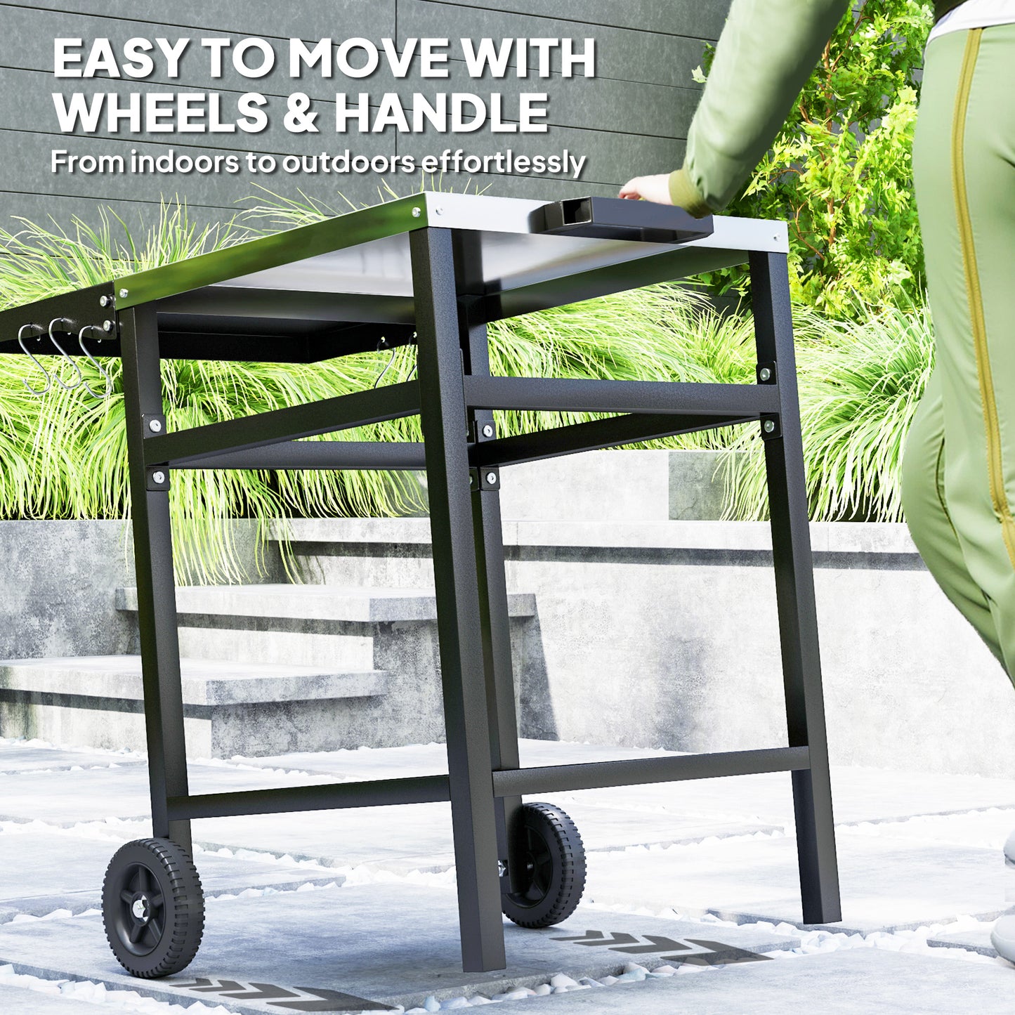 BBQ Trolley with Stainless Steel Top and Foldable Side Table, Outdoor Kitchen BBQ Station with Hooks and Shelf, Pizza Oven Table Movable Outdoor Grill Dining Cart