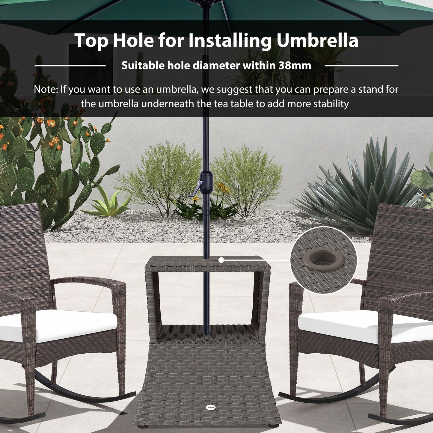Rattan Garden Bistro Coffee Table | 54x54x55cm | Umbrella Hole 38mm | Open Storage Shelf | PE Wicker Metal Frame | 30kg | Dark Grey