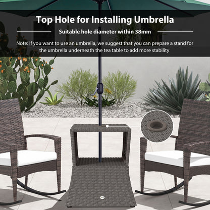 Rattan Garden Bistro Coffee Table | 54x54x55cm | Umbrella Hole 38mm | Open Storage Shelf | PE Wicker Metal Frame | 30kg | Dark Grey