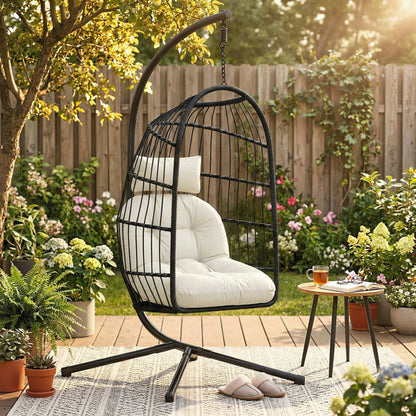 Hanging Egg Chair with Stand | 15cm Thick Cushion & Headrest | Adjustable Chain | Safety Strap | Foldable Basket | PE Rattan | 120kg | Indoor & Outdoor | Black & Cream White