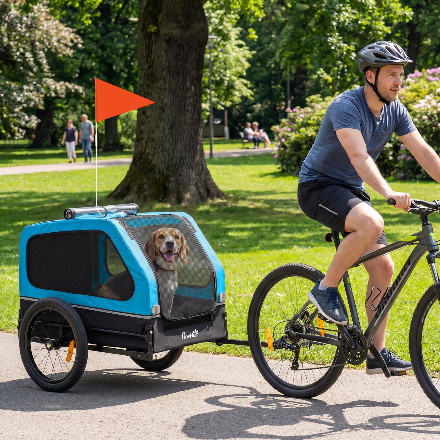 Dog Bike Trailer | Flip-Down Ramp Tailgate | 16" Pneumatic Tyres | Front Door Threshold | Reflectors & Flag | Quick-Release Frame | Dogs up to 20kg | 138 x 69 x 70cm | Blue