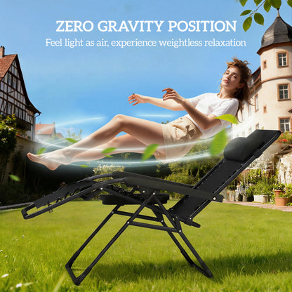 Set of 2 Zero Gravity Folding Sun Loungers | Stepless Recline | Headrest & Side Tray | 120kg | Black
