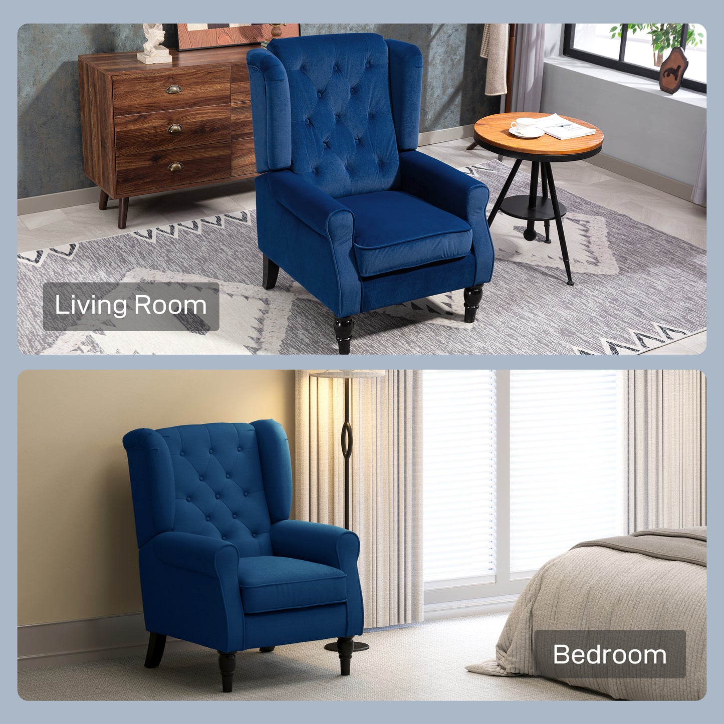 Wingback Accent Chair, Retro Vintage Style Upholstered Button Tufted Occasional Chair for Living Room and Bedroom, Blue