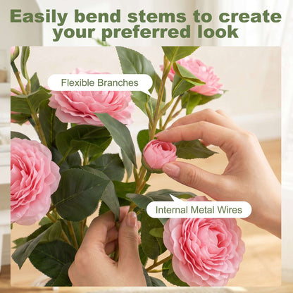 65cm Artificial Camellia Flower Plant in Pot | 116 PEVA Leaves | Silk Blossoms | Moss Effect Base | Cement-Filled Pot | Bendable Internal Wires | Maintenance-Free | Pink