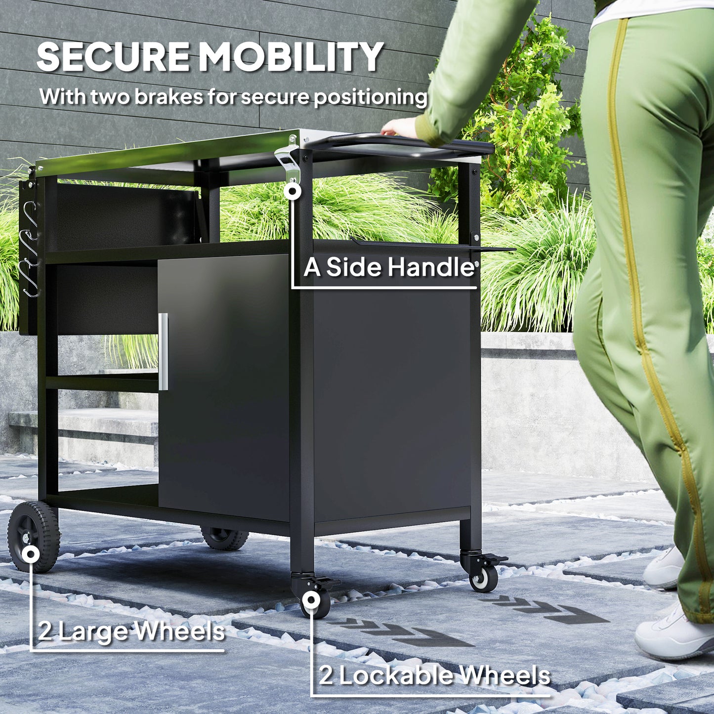 Outdoor BBQ Trolley with Foldable Side Table, Stainless Steel Top, Movable Outdoor Kitchen with Wheels Hooks Shelves Cabinet, Pizza Oven Table