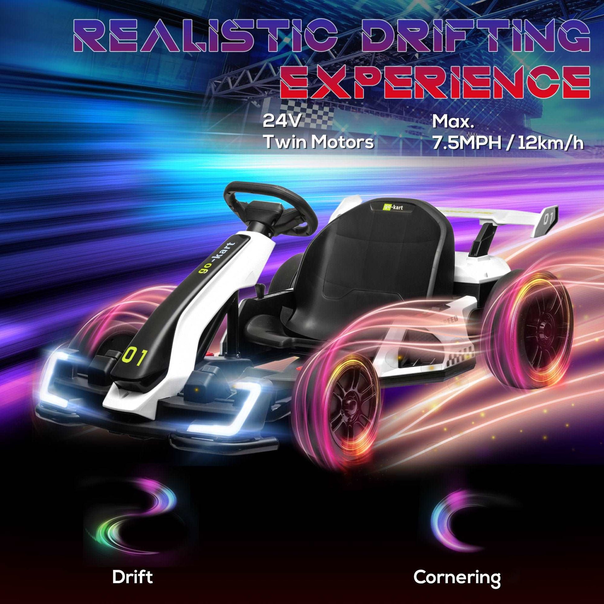 24V Electric Go Kart for Kids with Adjustable Seat for 6-12 Years Old, White