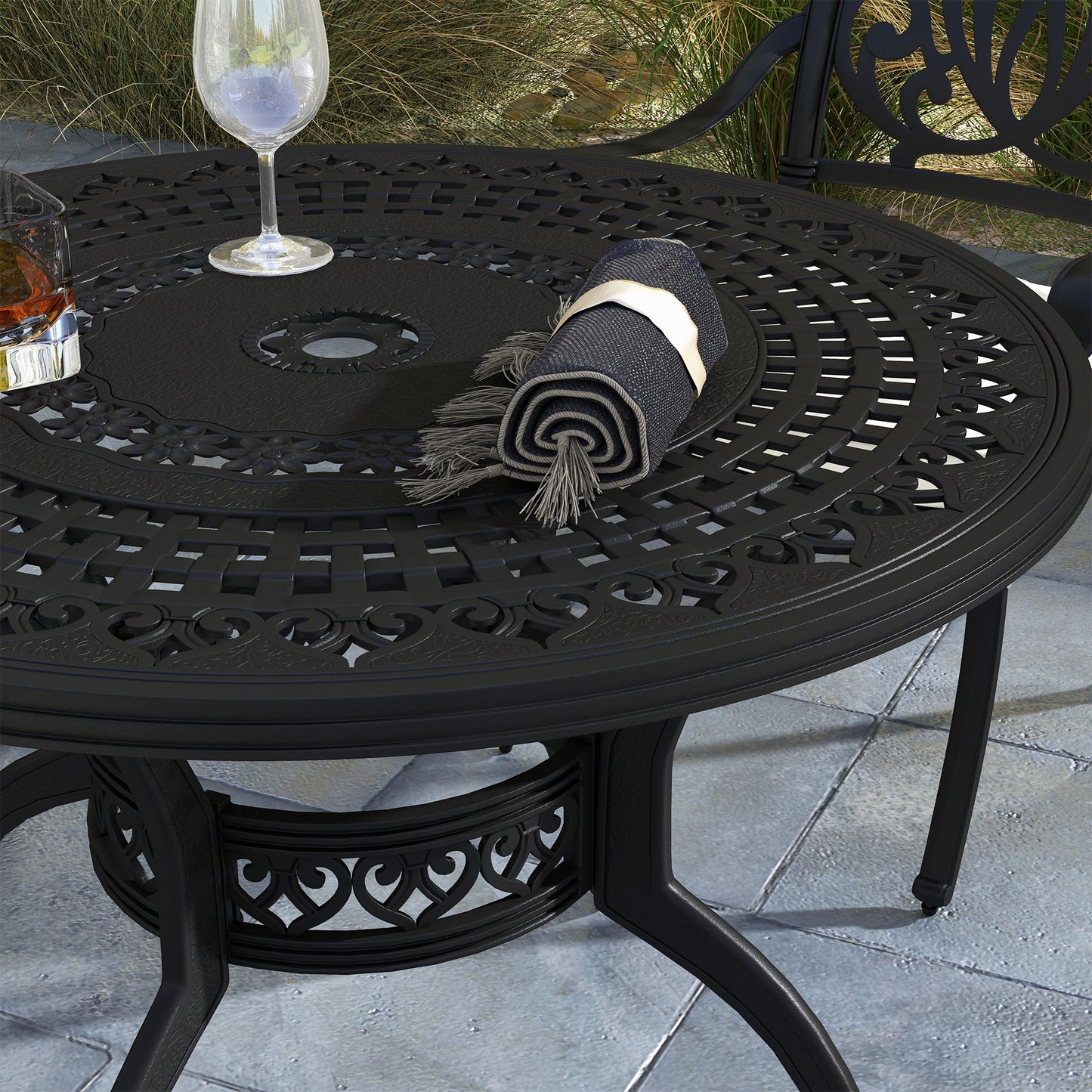 Outsunny Cast Aluminium 4 Seater Outdoor Dining Set with Cushions Parasol Hole Black