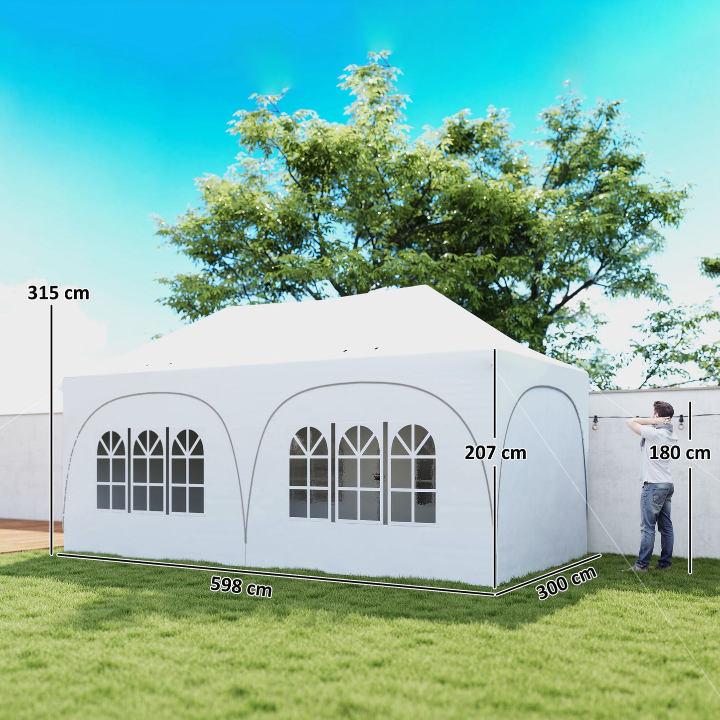 3x6m Peak-Top Pop-Up Party Gazebo | 15-20 People | UPF30+ 210D Oxford Fabric | 6 Sidewalls | 4 Windows & 2 Zipper Doors | 3 Height Settings | 12 Drainage Holes | Stakes, Ropes & Sandbags | Carry Bag | Light Grey & White