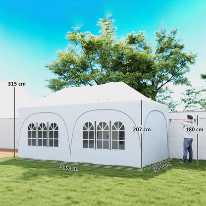 3x6m Peak-Top Pop-Up Party Gazebo | 15-20 People | UPF30+ 210D Oxford Fabric | 6 Sidewalls | 4 Windows & 2 Zipper Doors | 3 Height Settings | 12 Drainage Holes | Stakes, Ropes & Sandbags | Carry Bag | Light Grey & White