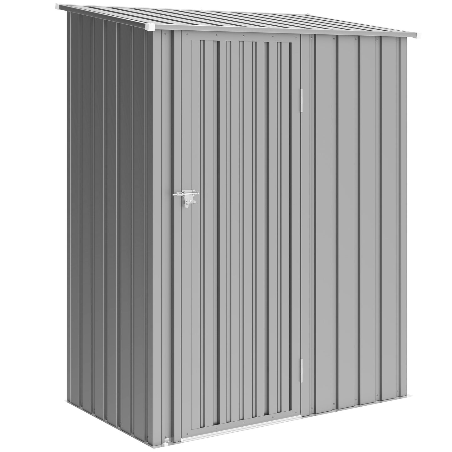 Corrugated Galvanised Steel Garden Storage Shed | Sloped Roof | Tall Latch Door | Pre-Drilled Panels | Weather-Resistant Coat | 142x86x189cm | 1.07m² | Tools & Bins | Aluminium Grey
