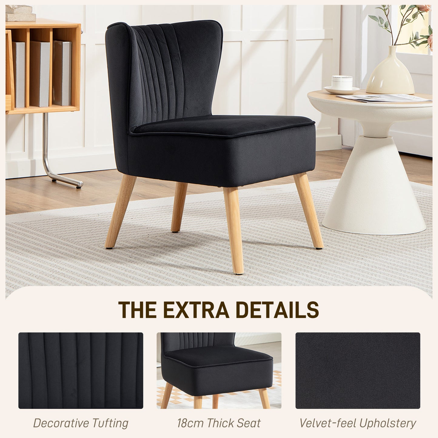Modern Accent Chair, Fabric Living Room Chair with Rubber Wood Legs and Thick Padding, Black