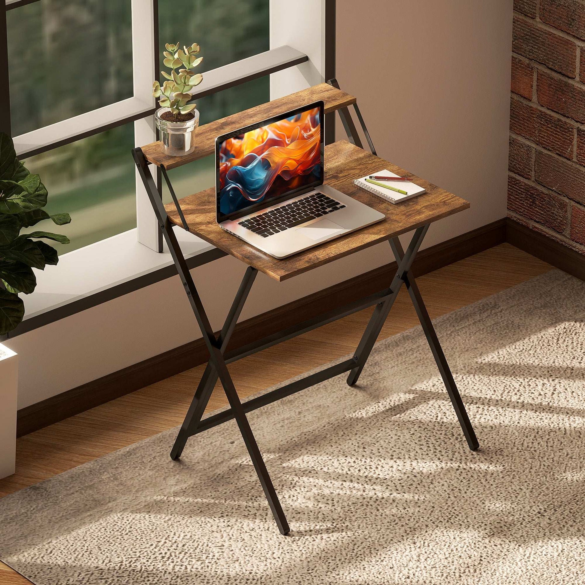 70 cm Folding Computer Desk with Monitor Shelf - Rustic Brown